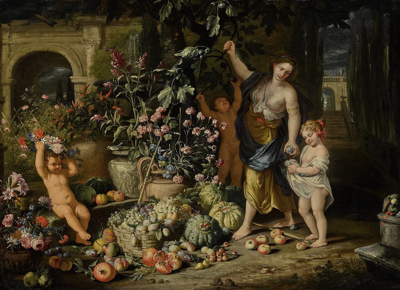 Una giovane donna che raccoglie fichi con tre bambini in un giardino terrazzato, con Abhraham Brueghel